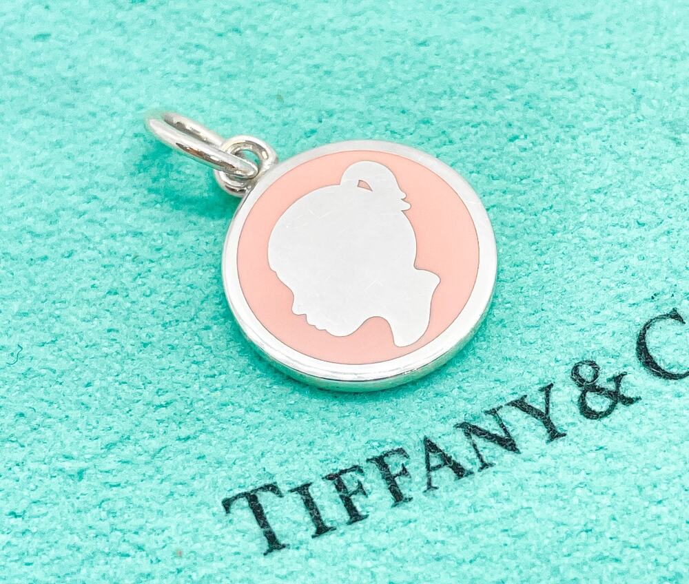 Tiffany & Co. Pink Enamel Girl Silhouette Round Charm Pendant Sterling Silver
